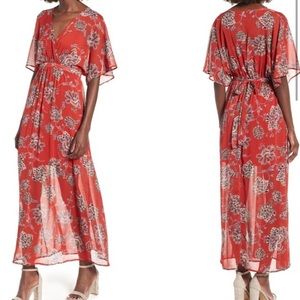 Love, Fire Floral Print Kimono Sleeves Maxi